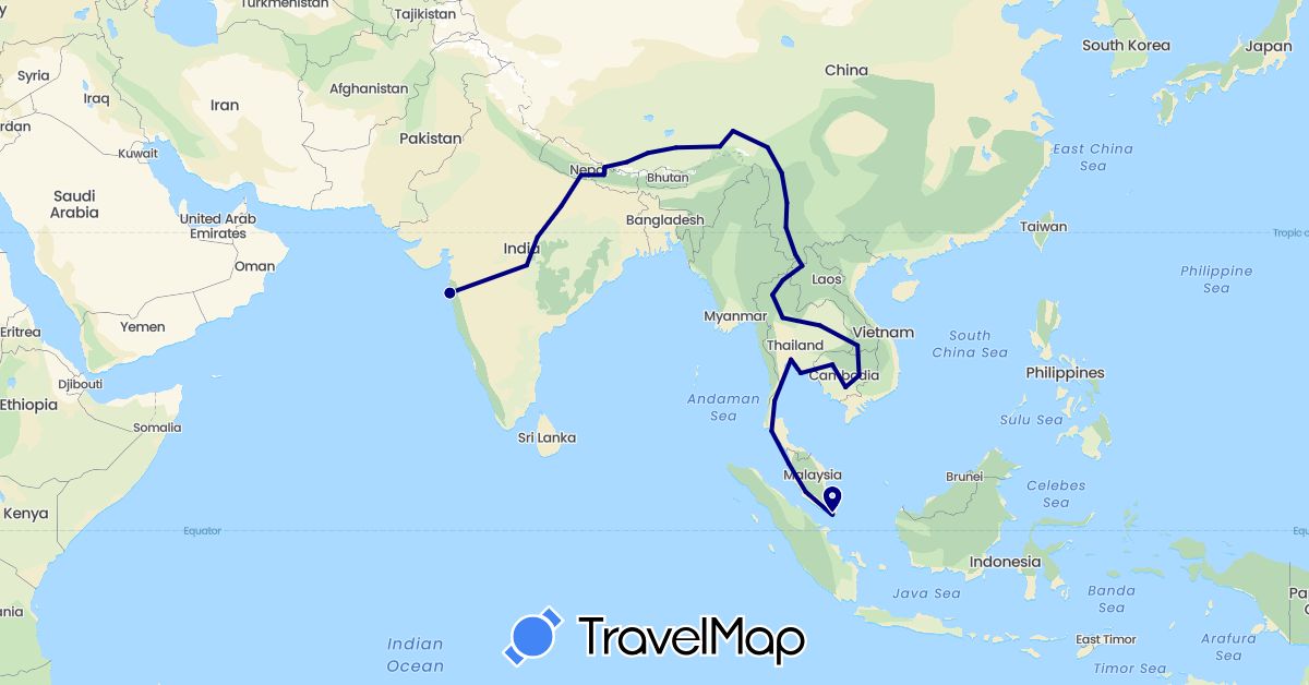 TravelMap itinerary: driving in China, India, Cambodia, Laos, Malaysia, Nepal, Singapore, Thailand (Asia)